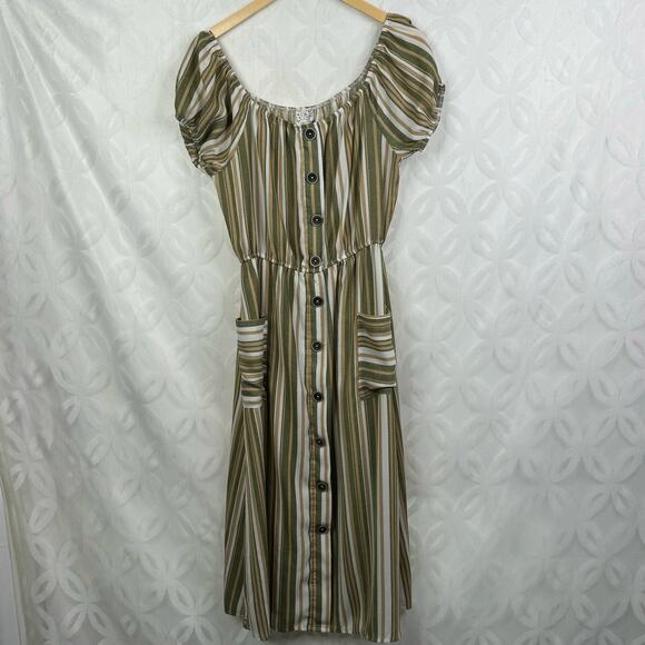 Naif Stripped Milkmaid Boho Earth Tone Midi Button Down Dress Size S - Picture 6 of 10